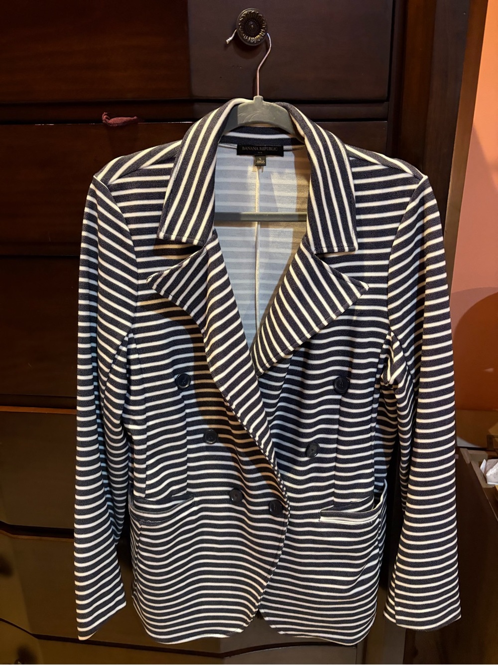Banana Republic Navy and White Striped Double-Breasted Blazer
